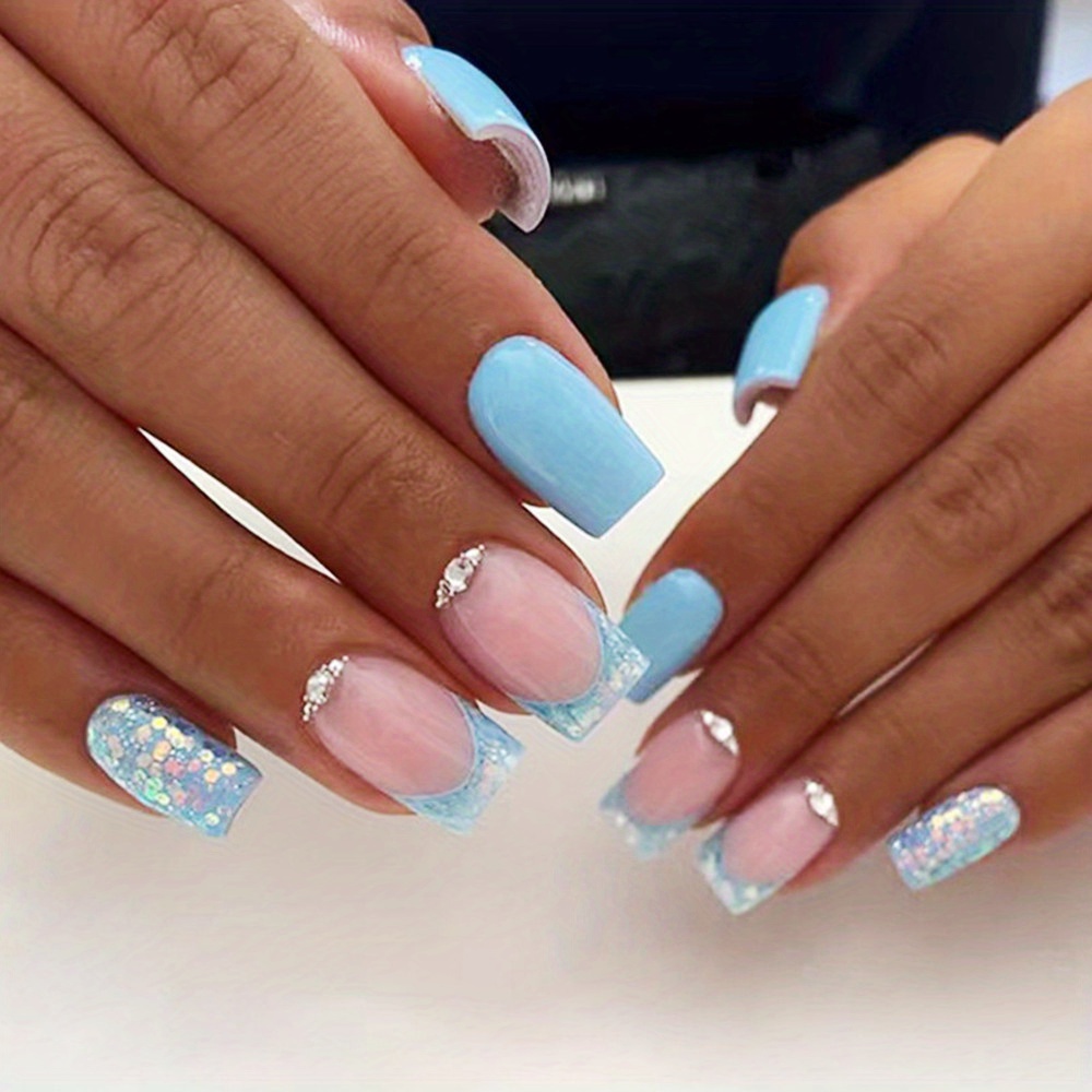 Colorful Rhinestone French Tip Press On Nails With Blue - Temu