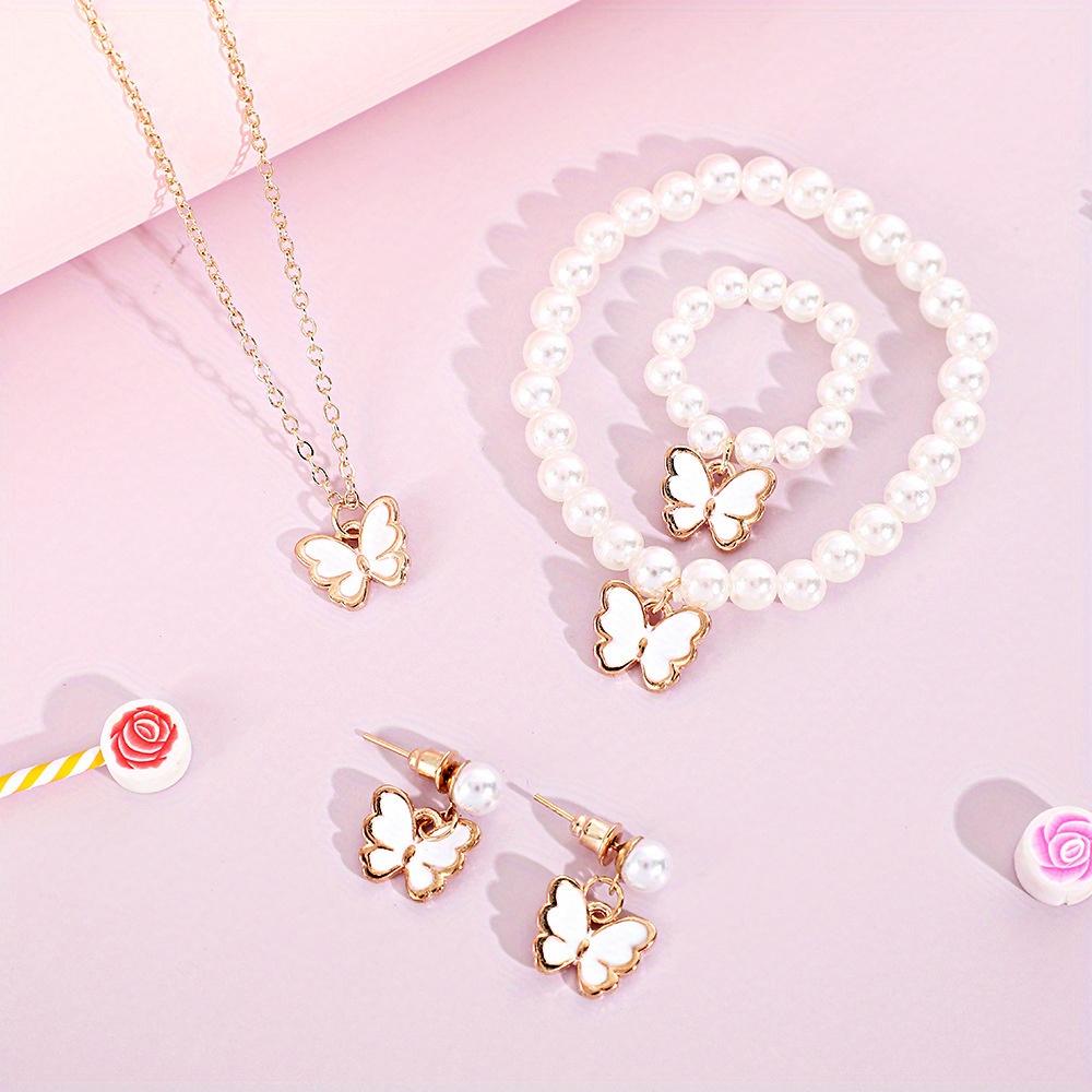 4pcs White Butterfly Series Pearl Jewelry Set, Includes Necklace, Bracelet,  Ring And Earrings, Birthday/Back-To-School Gift For Teen Girls