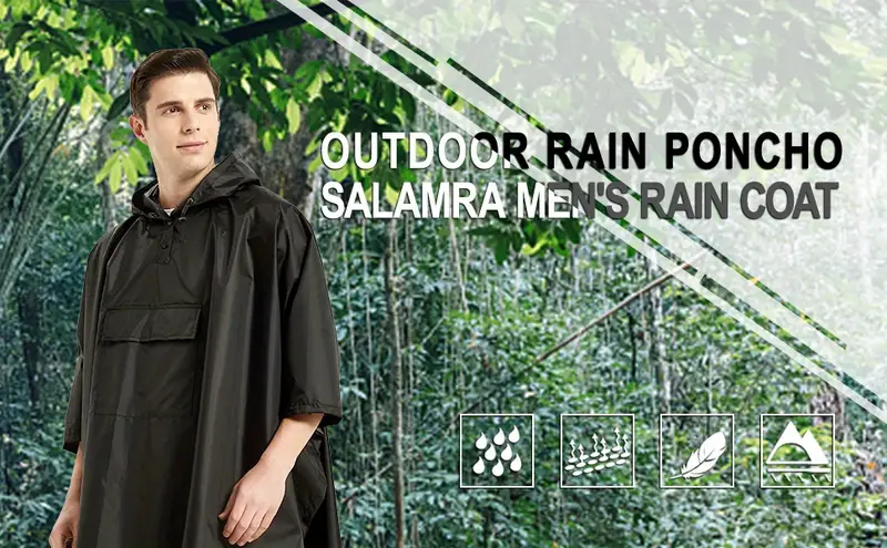solid waterproof rain poncho reusable hooded raincoat unisex rainwear jacket with pocket details 0