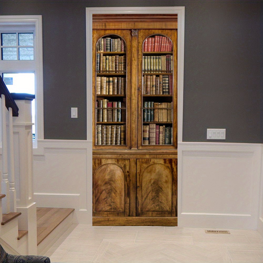 Door Sticker, Retro Bookshelf Door Mural, Peel And Stick Wall Sticker