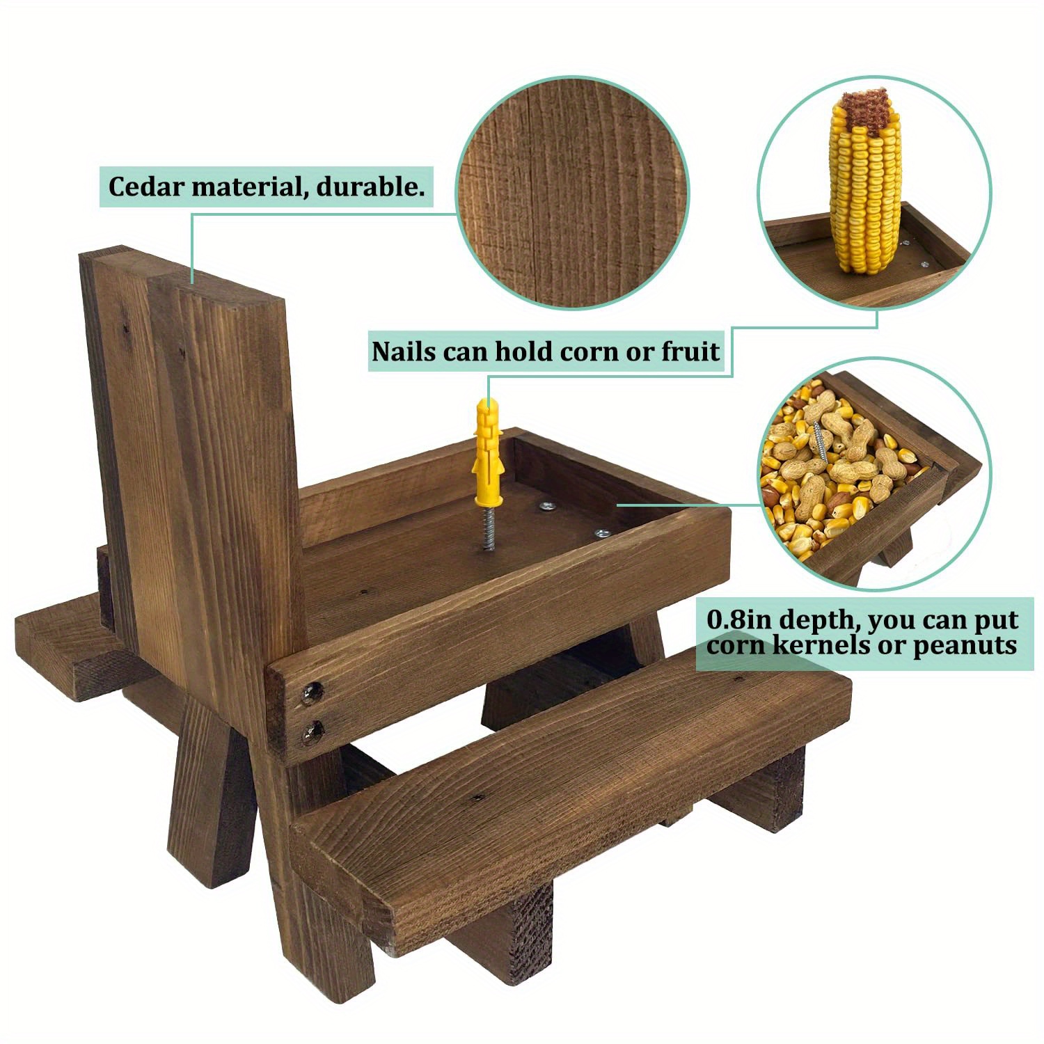 NCONCO Squirrel Feeder, Wooden Picnic Table With Umbrella & Corn Cob Holder, Easy To Fill Peanuts & Nuts, Ideal For Squirrel Lovers