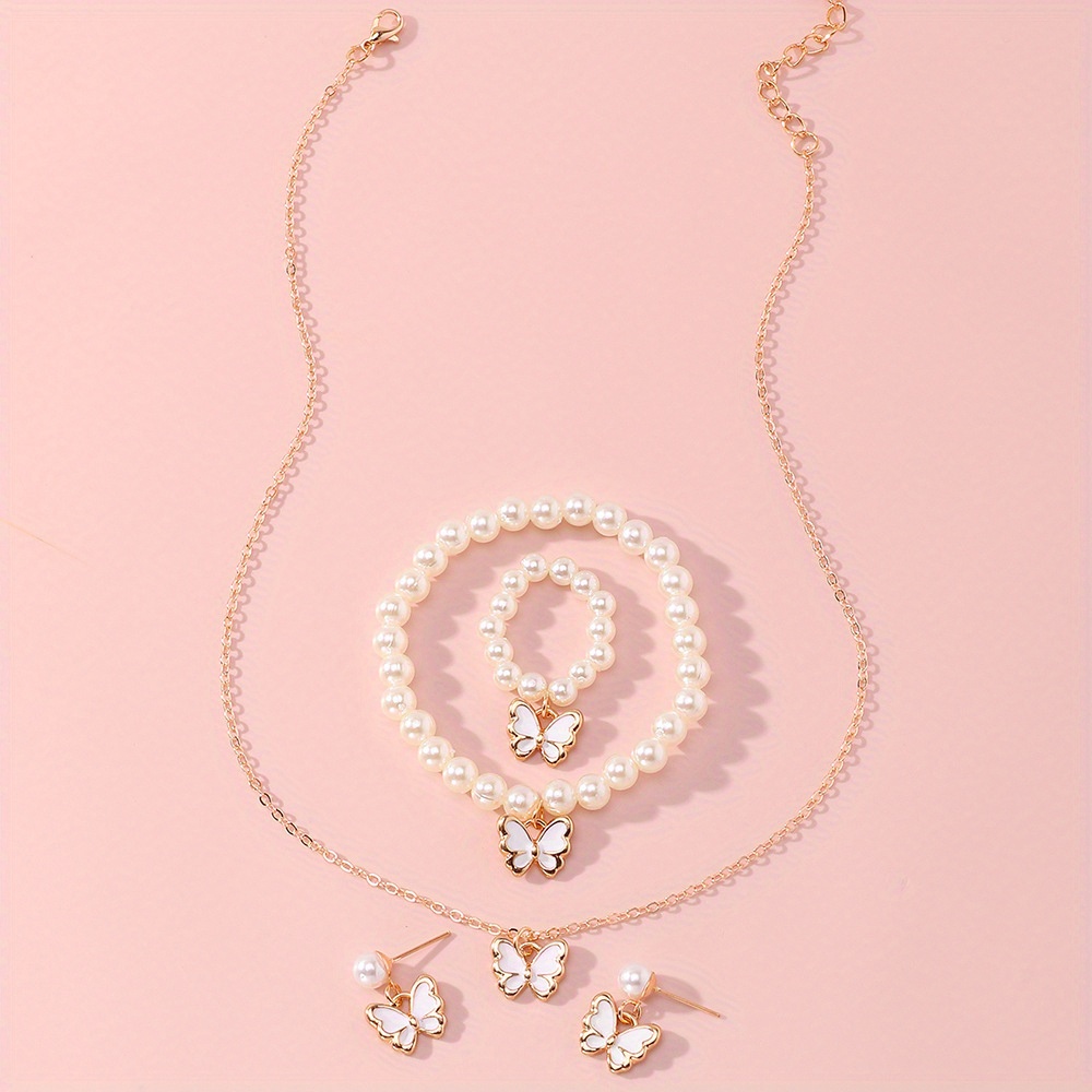 1pc Necklace, 1pc Bracelet, 1pc Ring Butterfly Acrylic Plate Pink Faux  Pearl Cute Girls' Jewelry Set