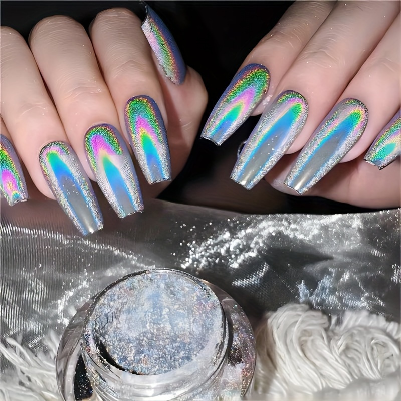 Holographic Laser Chrome Nail Powder Solid Red Silver - Temu