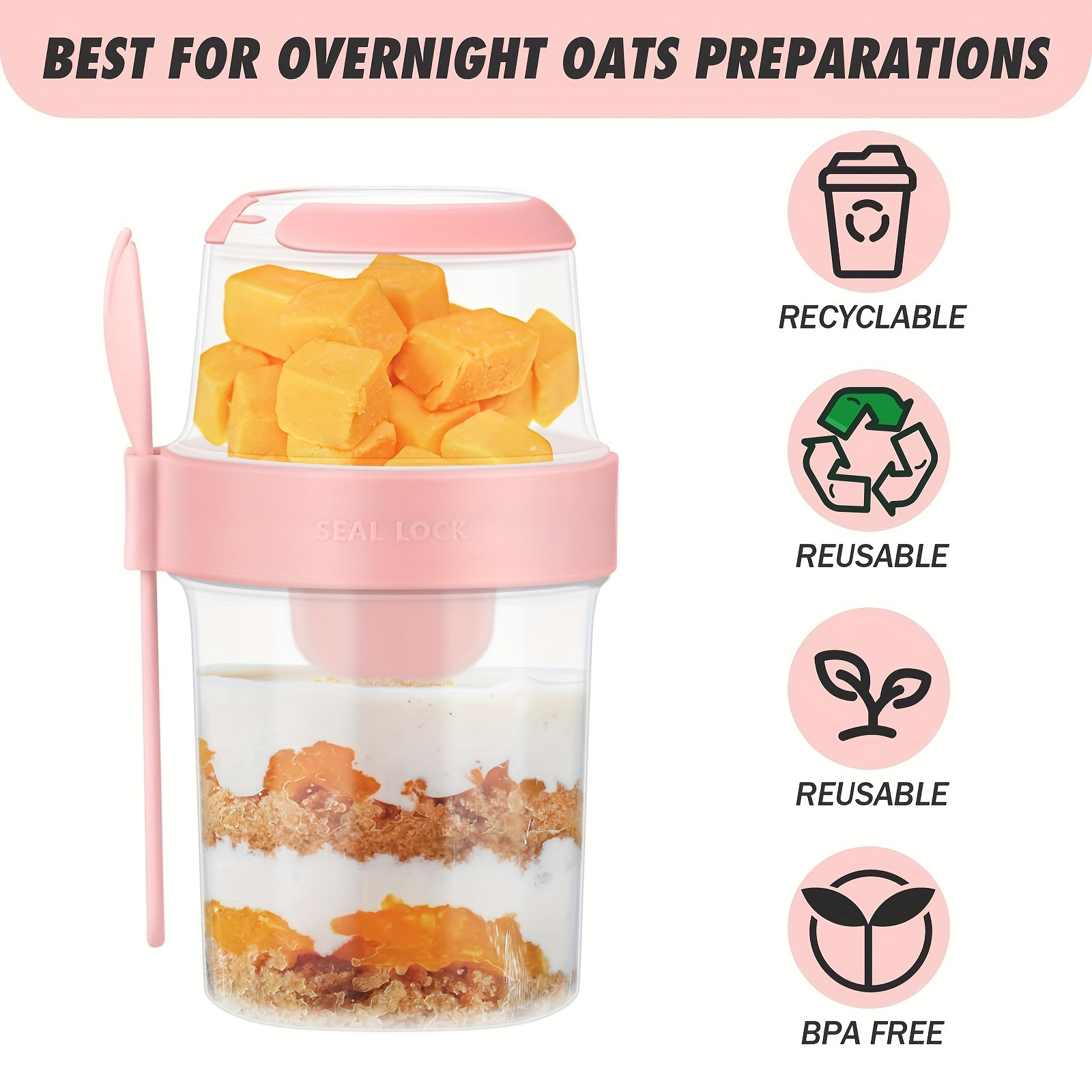 

2pcs, 2-tier Overnight Oats Containers With Lids And Spoons, 870ml Overnight Oats Jar, To Go Salad Cup, For Yogurt, Oats, Salad And More, Home Kitchen Items, Travel Accessories
