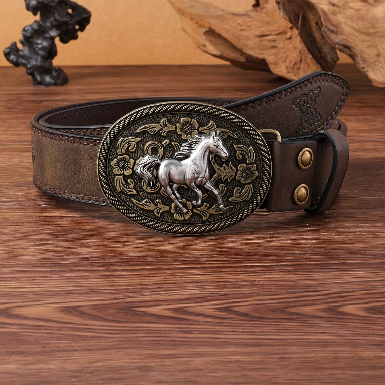 

Men's Punk Western Cowboy Style Belt - Khaki, Embossed Leather With Alloy Oval