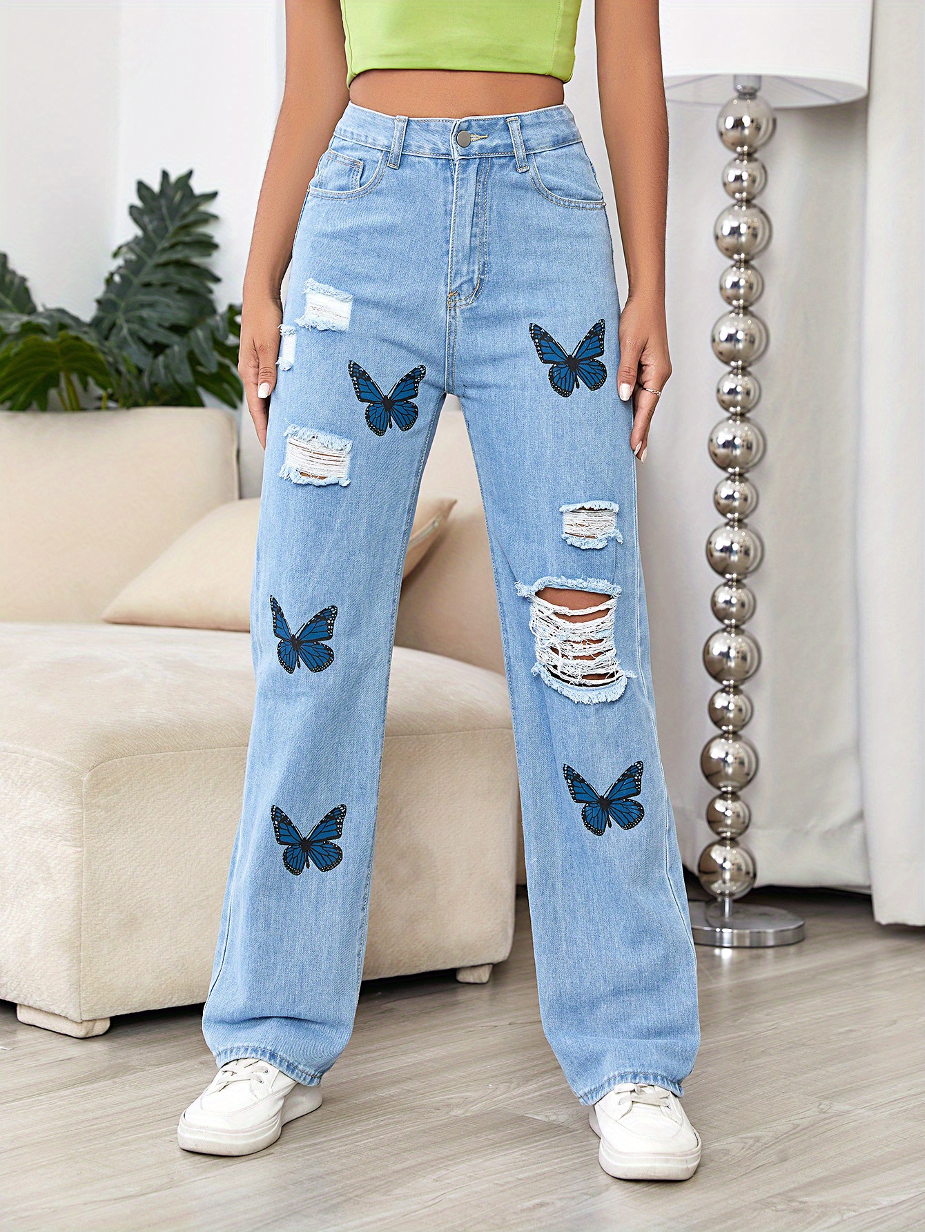 Mariposa Pantalones Floreados Cintura Elástica Pantalones - Temu