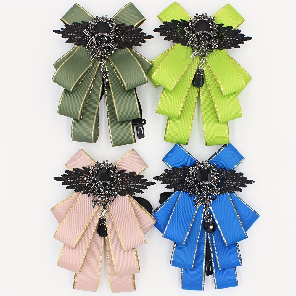 Ribbon Bow Tie Brooch Bowknot Brooch Pin Bowties Elegant Bead Decorative  Jabot Neck Tie Pre Tied Ties for Women Shirt Wedding Lady Daily Use Yellow