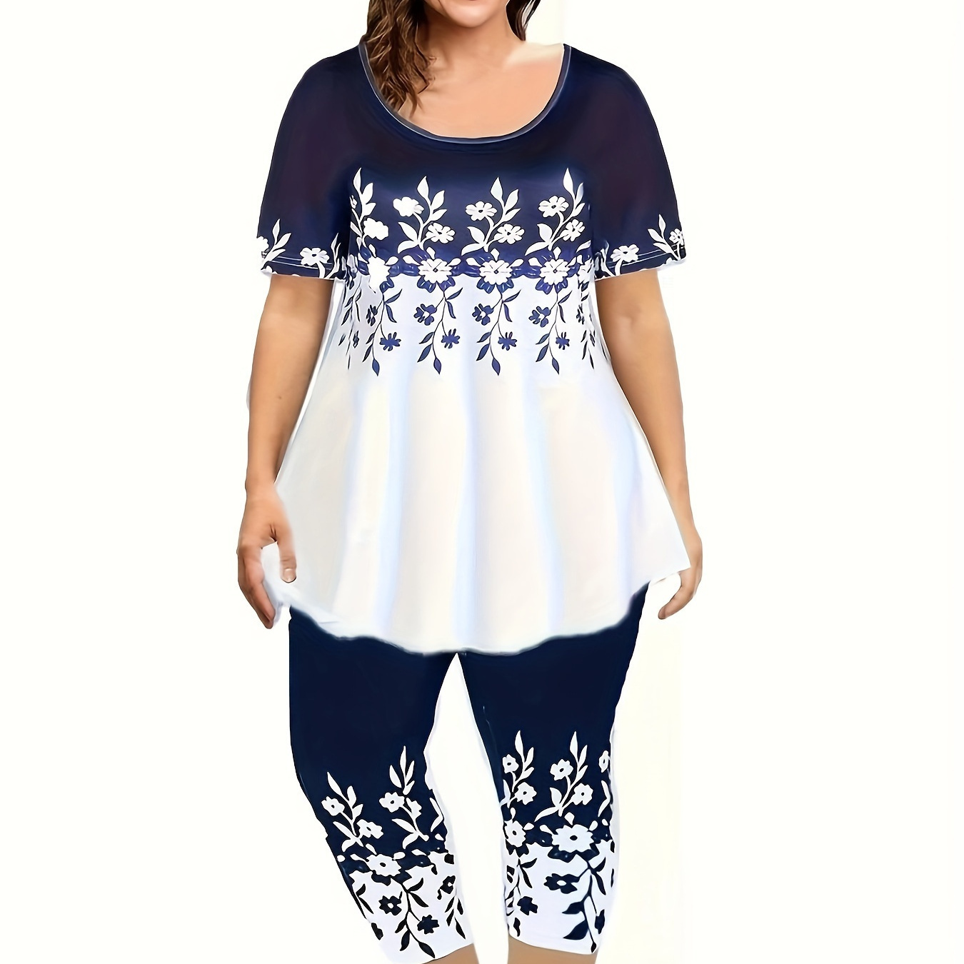 

Plus Size Casual Outfits Set, Women's Plus Colorblock Floral Print Short Sleeve Round Neck Top & Capri Leggings Outfits 2 Piece Set