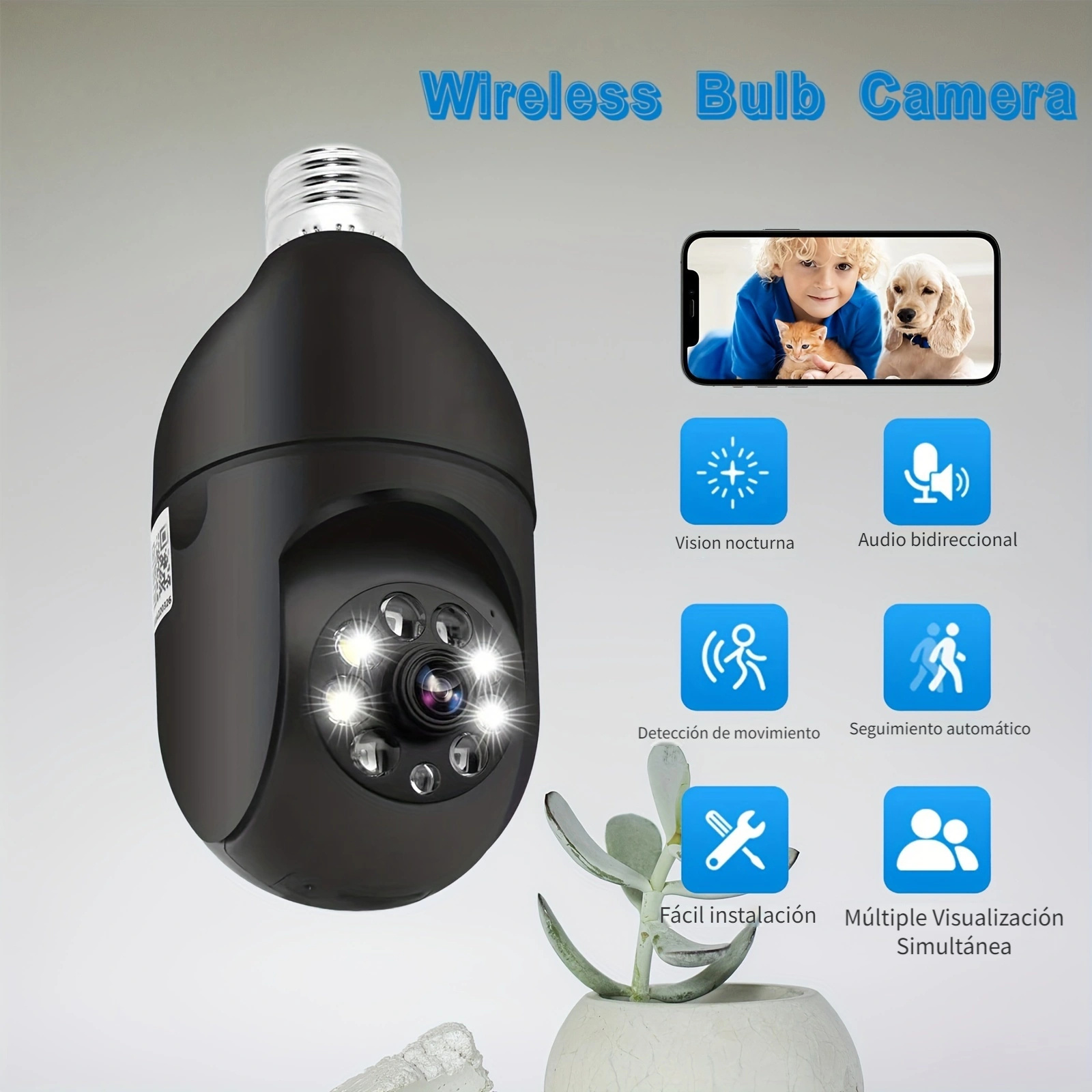  Cámara de seguridad de bombilla inteligente 1080P, cámara  panorámica de 360 grados 2.4G WiFi para interiores y exteriores, cámara IP  de videovigilancia inalámbrica para bebé/mascota con visión nocturna, audio  bidireccional, detección