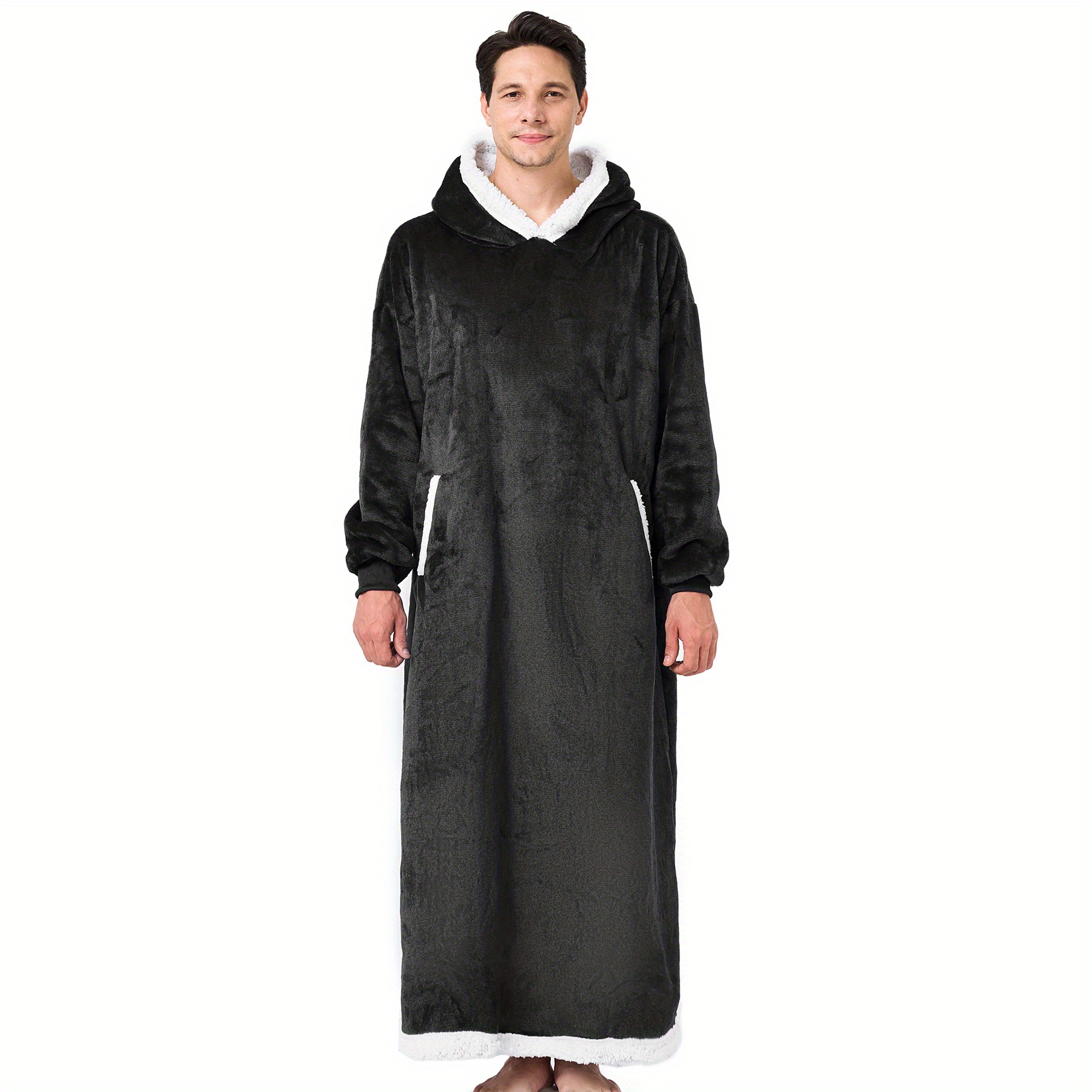 Fuzzy Hooded Night Robe Long Sleeve Robe Pockets Men's - Temu Australia