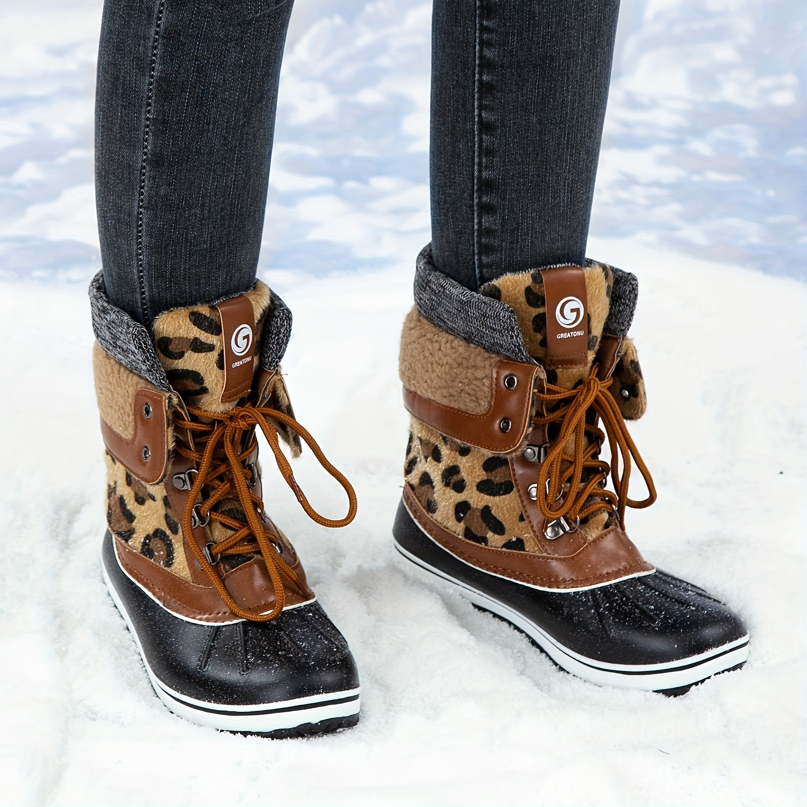 

Women's Leopard Printed Faux Fur Winter Duck Boots, Non-slip Insulated Mid Calf Boots For Outdoor Hiking Trekking