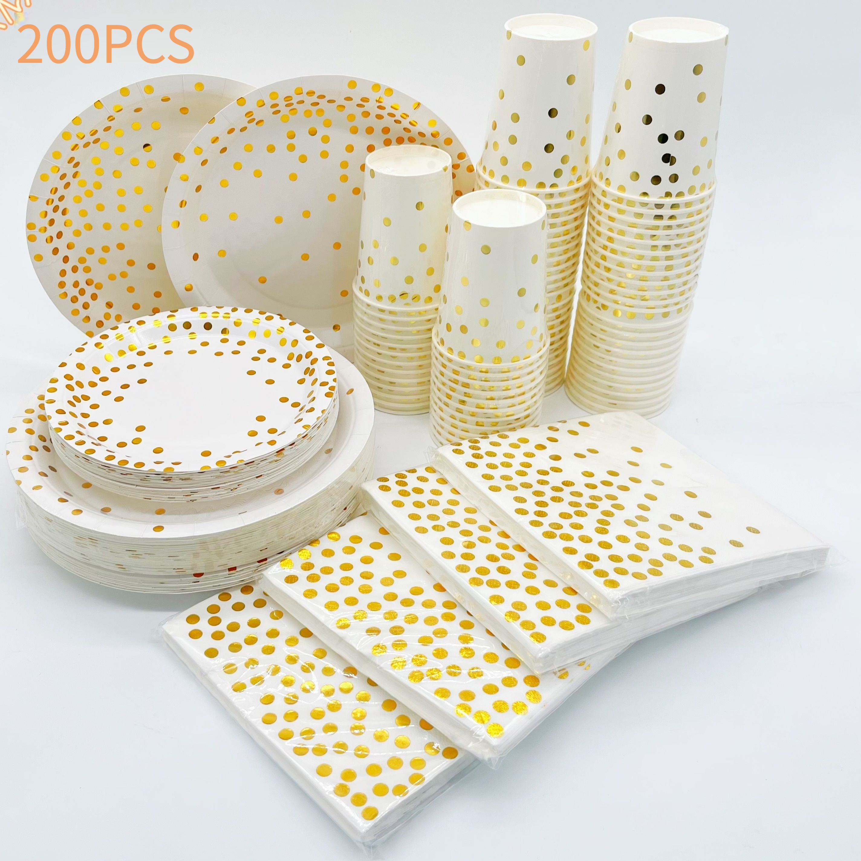 Suministros de fiesta de oro blanco y rosa, juego de vajilla desechable de  350 piezas, platos de papel blanco, servilletas, vasos, tenedores de