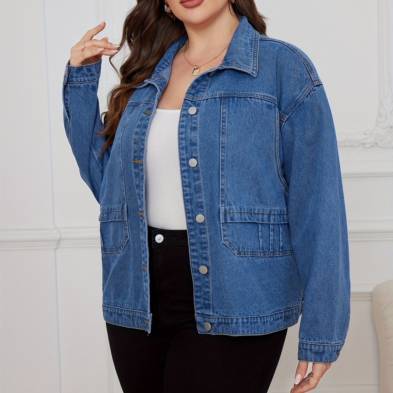 

Plus Size Casual Denim Top, Women's Plus Solid Pipping Long Sleeve Turn Down Collar Button Up Denim Jacket