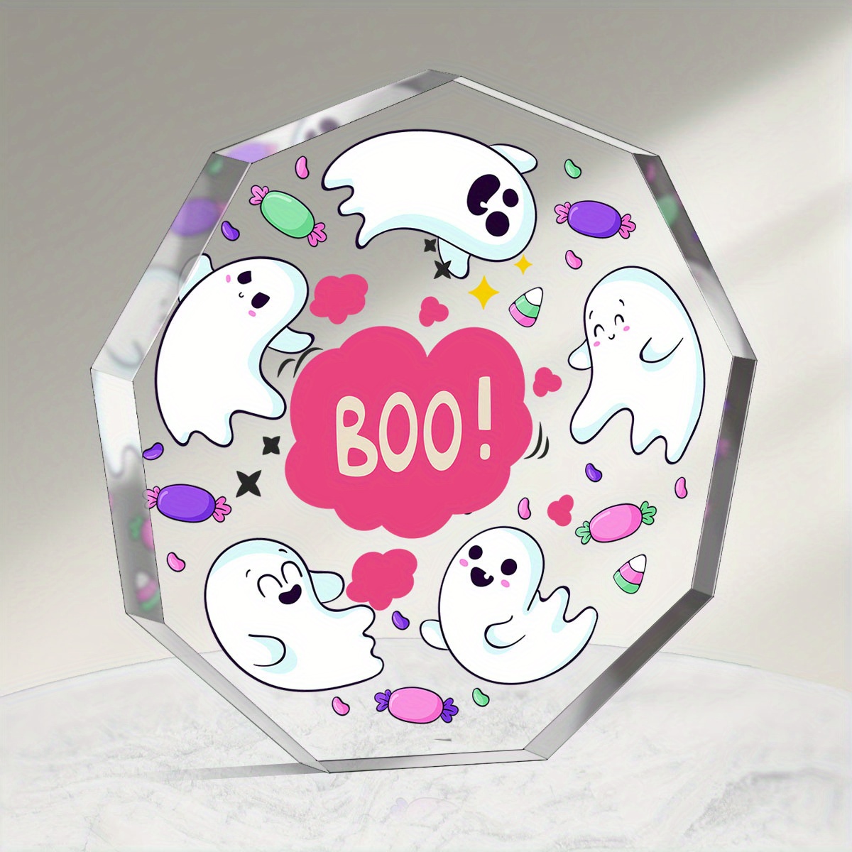 

1pc Acrylic Ghost Figurine Ornaments, Art Deco Style Happy Boo Day Sign, Universal Holiday Clip-on Decoration, Pastel Halloween Birthday Party Decor For Girls, Unique Shaped Table Centerpiece