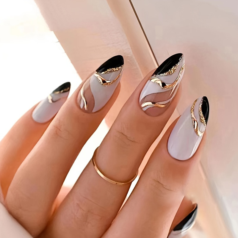 

24pcs Glossy Medium Almond Fake Nails - Black White French Press On Nails With Golden Glitter Line Design - Sweet Cool False Nails For Women Girls