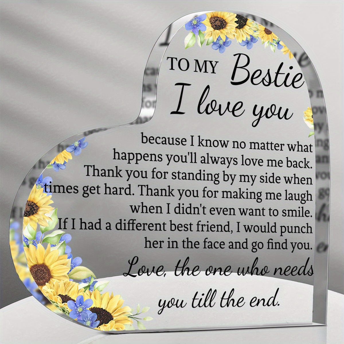 

1pc Sunflower Acrylic Heart - "to My Bestie I Love You" Engraved Gift | Ideal For Birthday, Long Distance, Moving Away | Holiday Keepsake For Christmas, Thanksgiving, Halloween