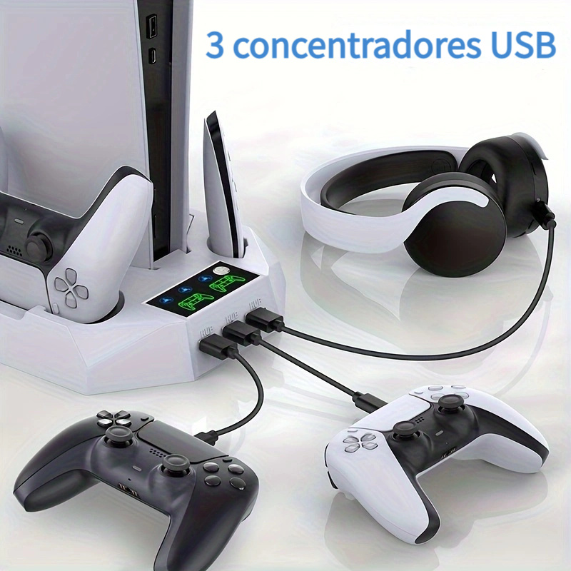 Soporte para PS5 con ventilador, base PS5 con controlador dual