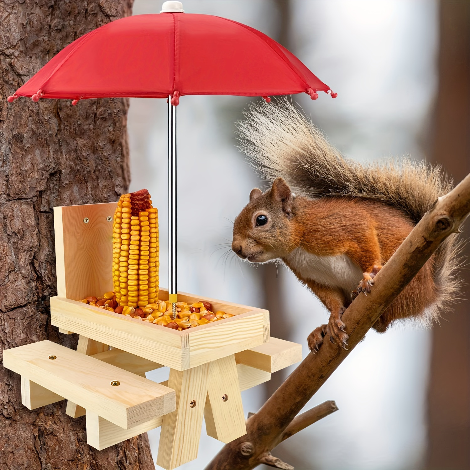 1PC Wooden Squirrel Feeder With Small Umbrella, Durable Squirrel Picnic Table Feeder, Outdoor Small Pet Feeding Station, Garden Outside Yard Backyard Decor