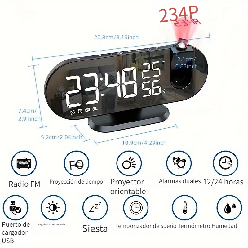 1pc Reloj Proyección Reloj Despertador, Proyector Tiempo Calendario, Radio  Reloj Despertador Doble Pantalla Grande Temperatura Humedad, Reloj  Proyección Radio Rgb Multifuncional, Reloj Despertador Led Creativo, Reloj  Electrónico Espejo