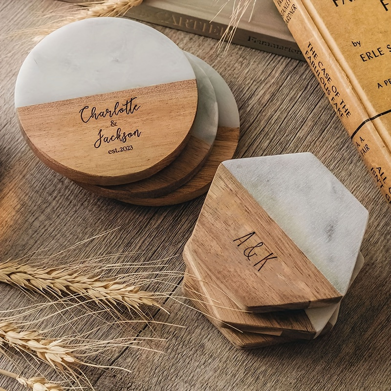 Custom Engraved Marble Wood Coasters Dining Table Decor Home