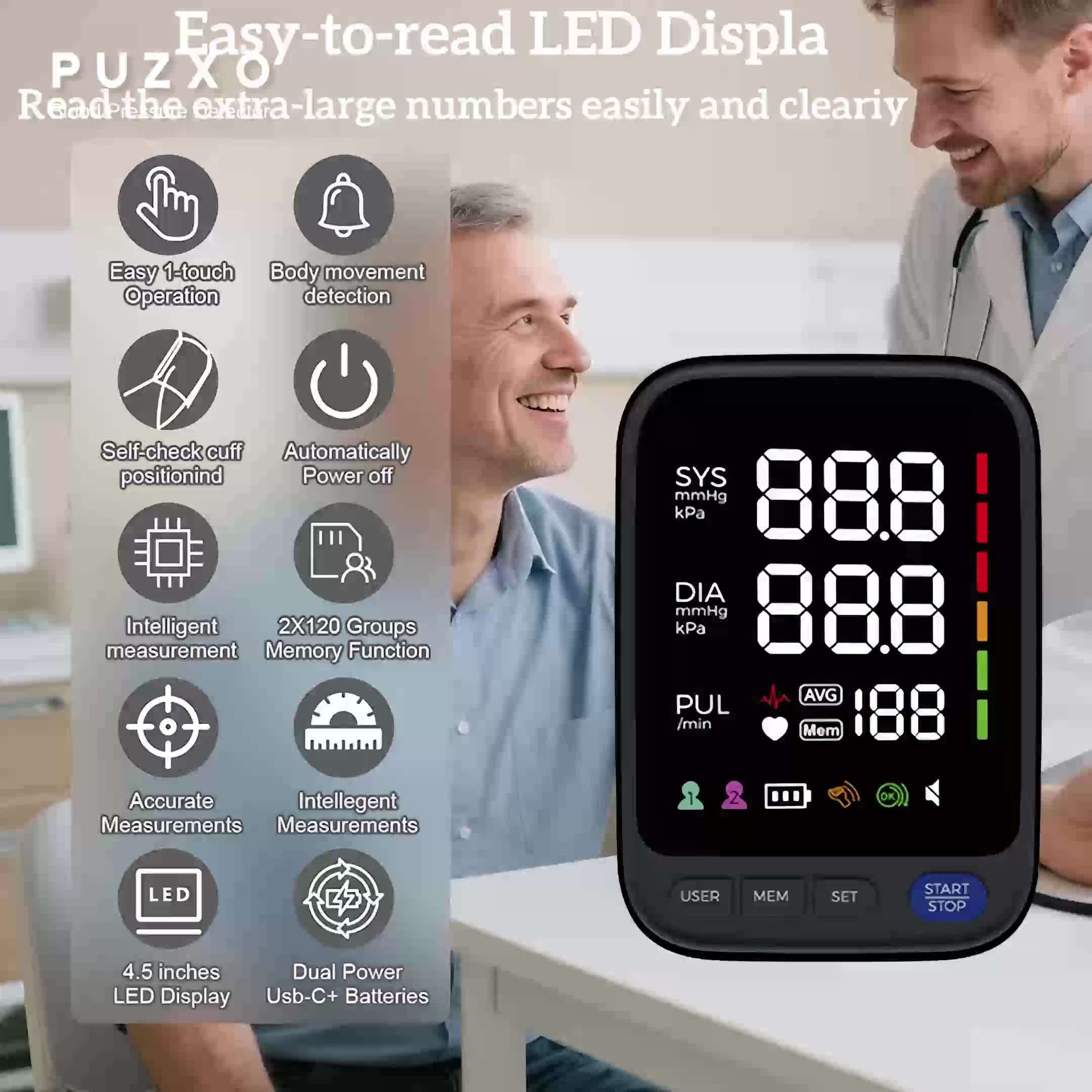 Puxzo Premium New Automatic Blood Pressure Monitor: Heart Rate Monitoring + Oversized Cuff, 120-Reading Memory, LED Large Screen with Tri-Colour Backlight Alerts, Dual-Power Portable Design. Blood Pressure And Heart Rate Monitor, Includes 4 Batteries - Image 10