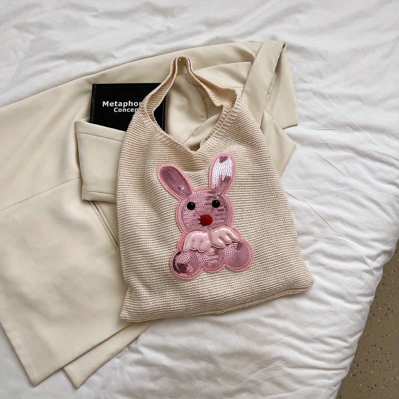 Cute Bunny Sequins Shoulder Bag, Cartoon Crochet Tote Bag, Kawaii