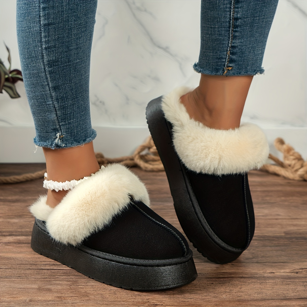 Women's Fluffy Ankle Snow Boots Slip On Platform Warm Slippers