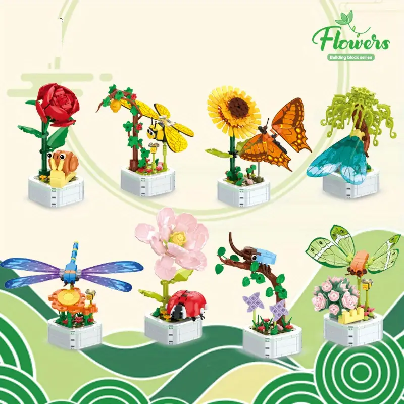 Creative Flower Building Blocks Kit Insect Potted - Temu