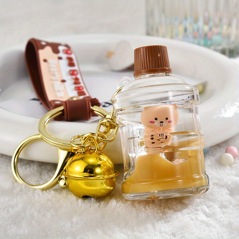 Creative Bear Car Keychain Pearl Milk Tea Cup Bear Pendant Drift Bottle  Keychain Mug Water Bottle Car Key Chain, School Bag Quicksand Pendant