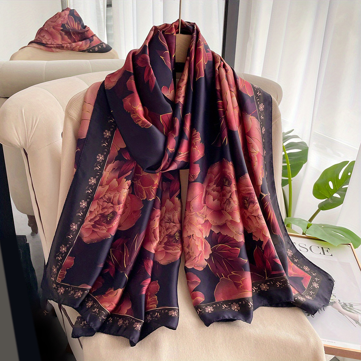 Silk Scarf Female Flower Printed Long Shawl Wrap