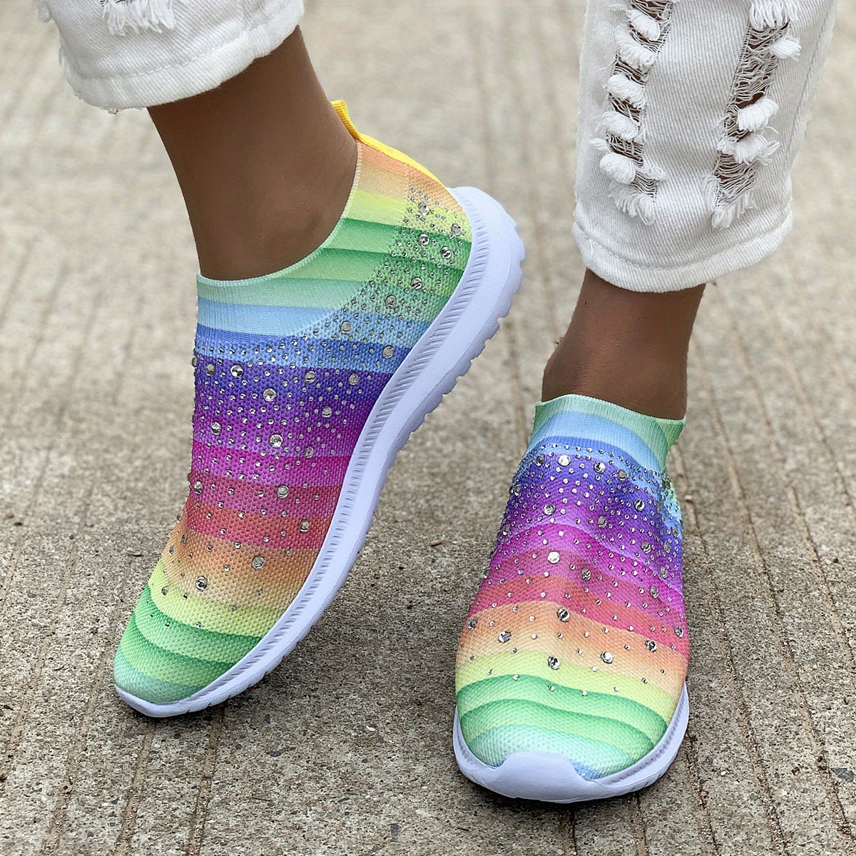 Women's Fashion Sock Sneakers Rhinestone Decor Slip On Low - Temu