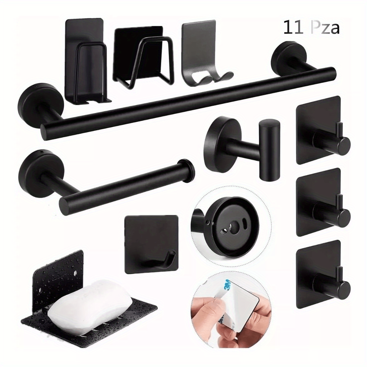 Image of Stainless Steel Bathroom Hanging Set 11pcs Set Stainless Steel Towel Bar, Paper Towel Holder, Soap Dish, Clothes Hook, Etc. 11pcs Black And Silvery Kit Bathroom Hanging Set