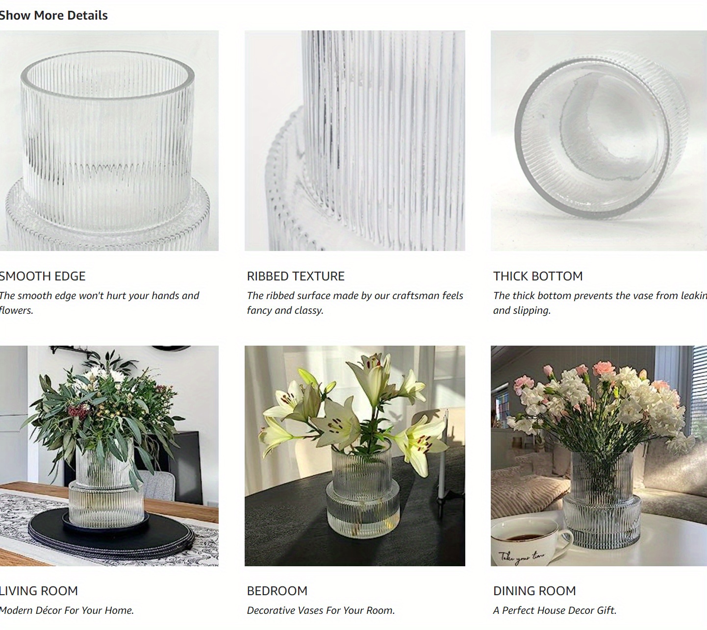 Clear Glass Vase, Ribbed Vase, Fluted Glass Vase, Flower Vase, Modern Vase  for Centerpieces, Decorative Vase for Living Room, Dining Table, Entryway