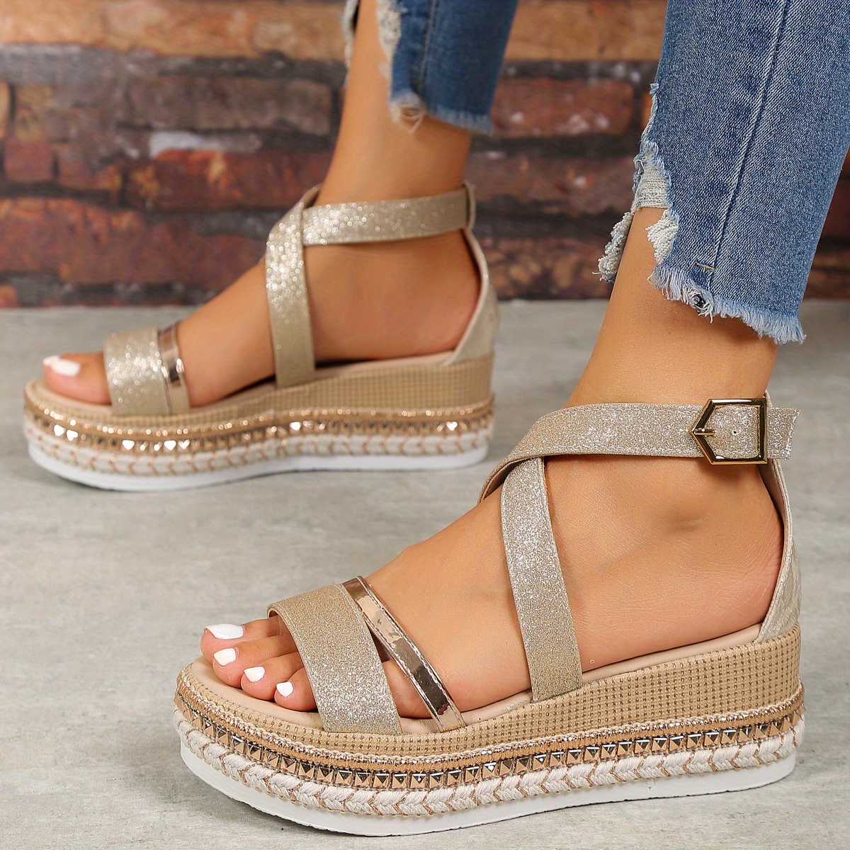 Women's Platform Espadrille Sandals, Glitter Open Toe Cross Ankle Strap  Shoes, Fashion Wedge Sandals