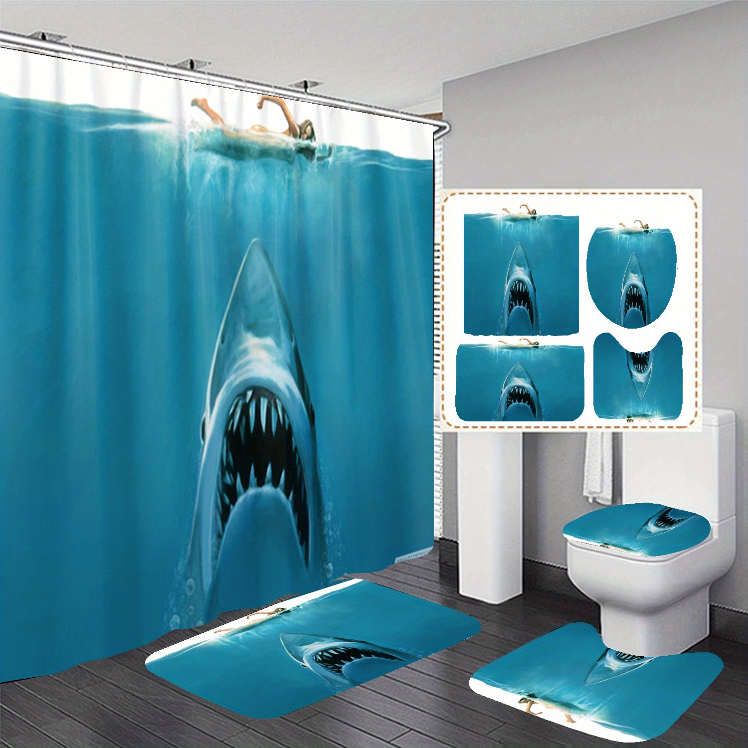 Shark Bathroom Rug Set Shower Curtain Thick Non Slip Toilet Lid Cover Bath  Mat