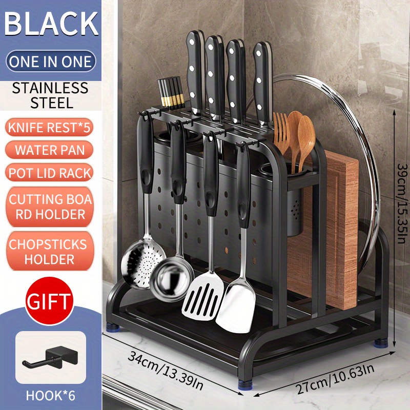 eModernDecor Black Stainless Steel Utensil and Cutlery Rack Kitchen Organizer Drip Tray Knife Storage Block with Cutting-Board Holder
