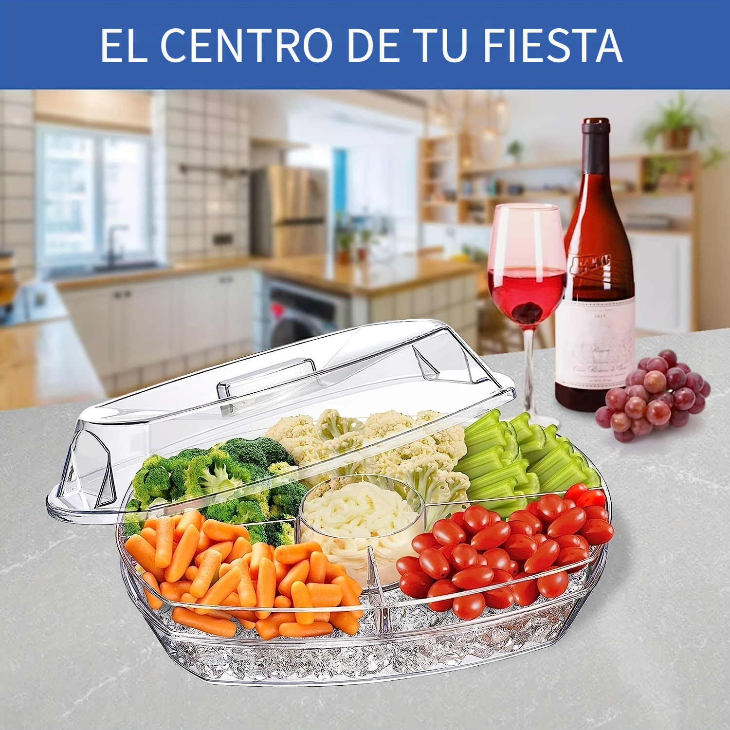 DEAYOU Bandeja de 4 secciones para servir hielo, bandeja fría con tapa  abatible para comida de fiesta, plato de servir al aire libre con bandeja  de