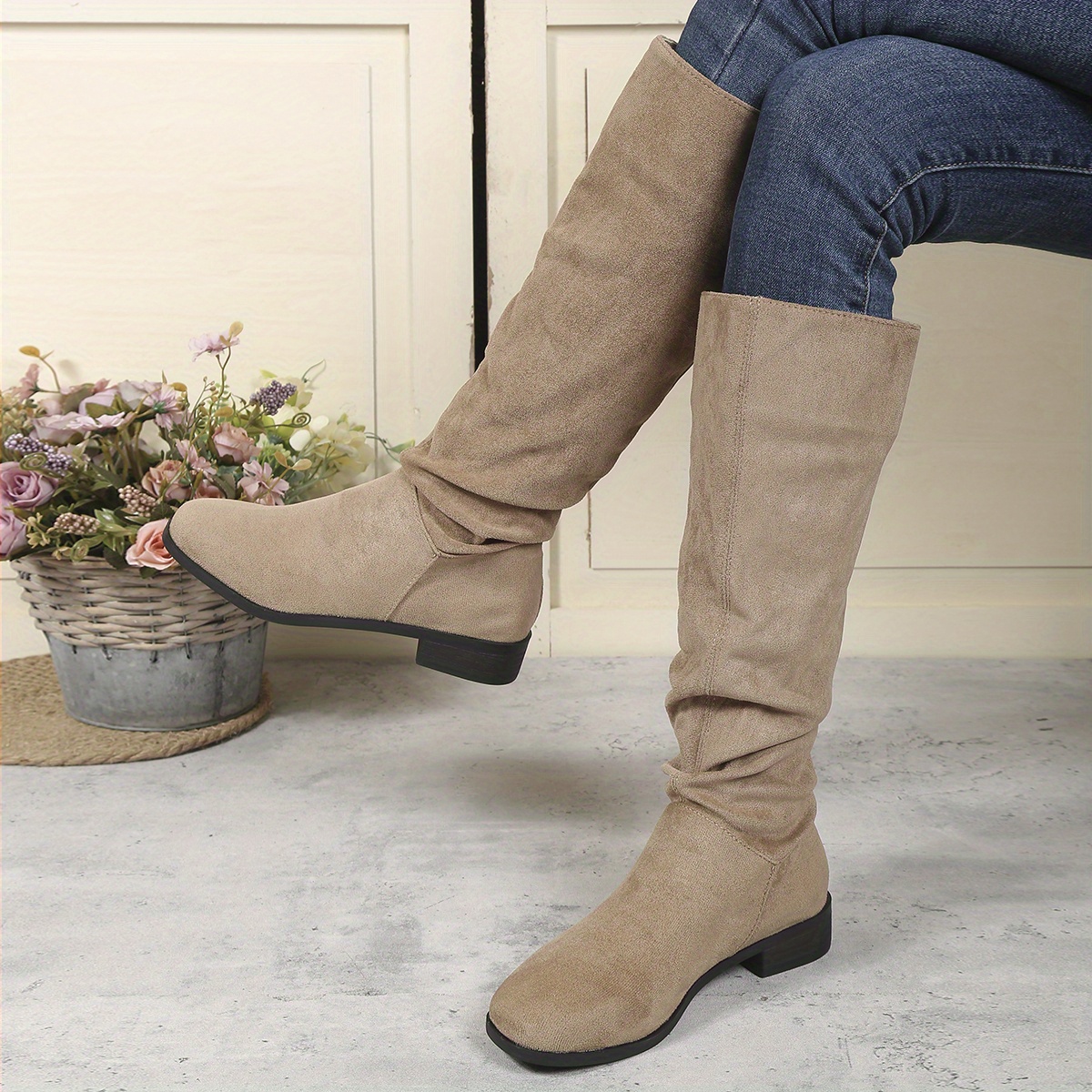 Women's Slouch Knee High Boots, Round Toe Pull On Micro Suede Boots