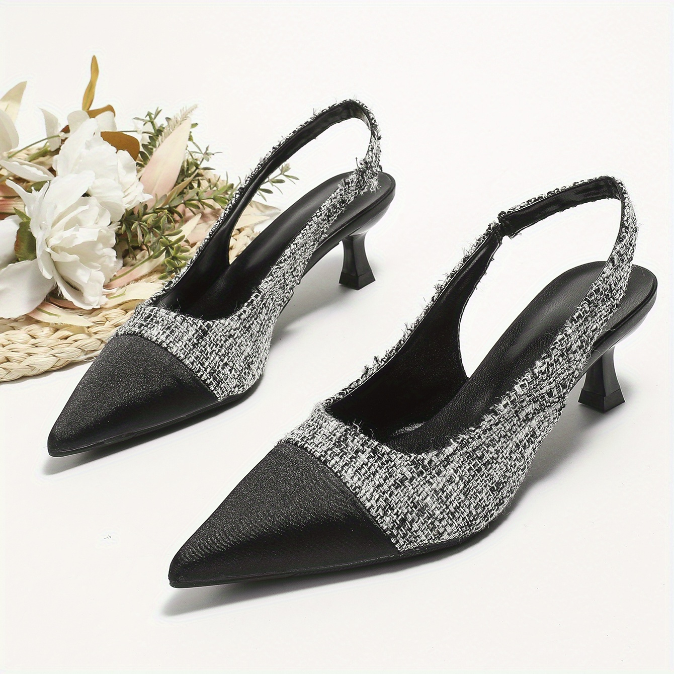 Women's Toe Kitten Heels, Pointed Toe Tweed Slip On Slingback Low