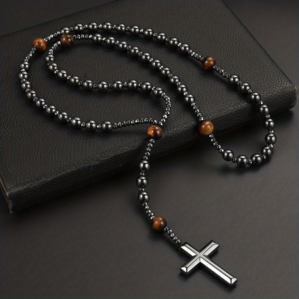 1pc Of Eye 8mm Round Bead Cross Rosary Men's Gift Necklace