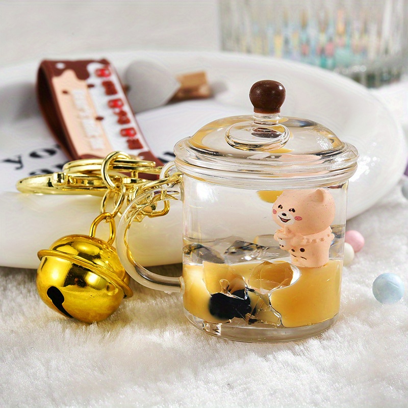 Creative Bear Car Keychain Pearl Milk Tea Cup Bear Pendant Drift Bottle  Keychain Mug Water Bottle Car Key Chain, School Bag Quicksand Pendant