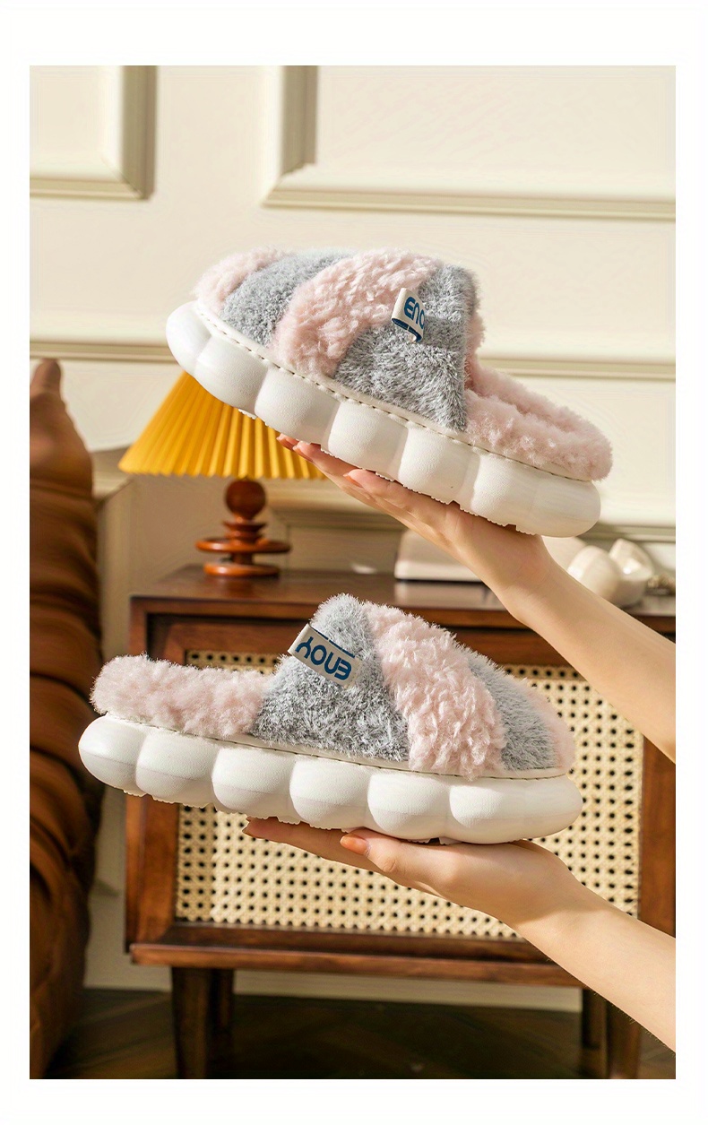 White Contrast Stitch Detail Faux Suede PU Patchwork Plush Winter Clog Slippers