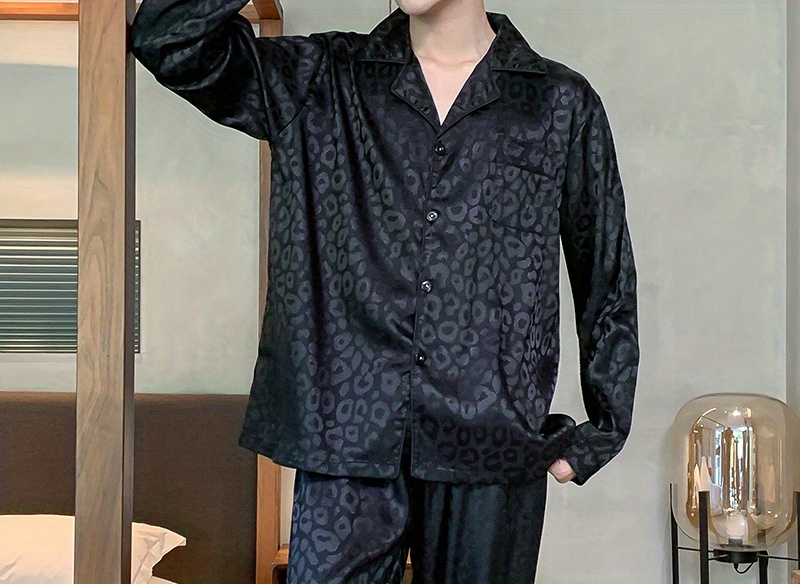 RIaaJ Leopard Print Men's Pajama Set Home Pajamas Long Sleeve Long Pants Set  at  Men's Clothing store