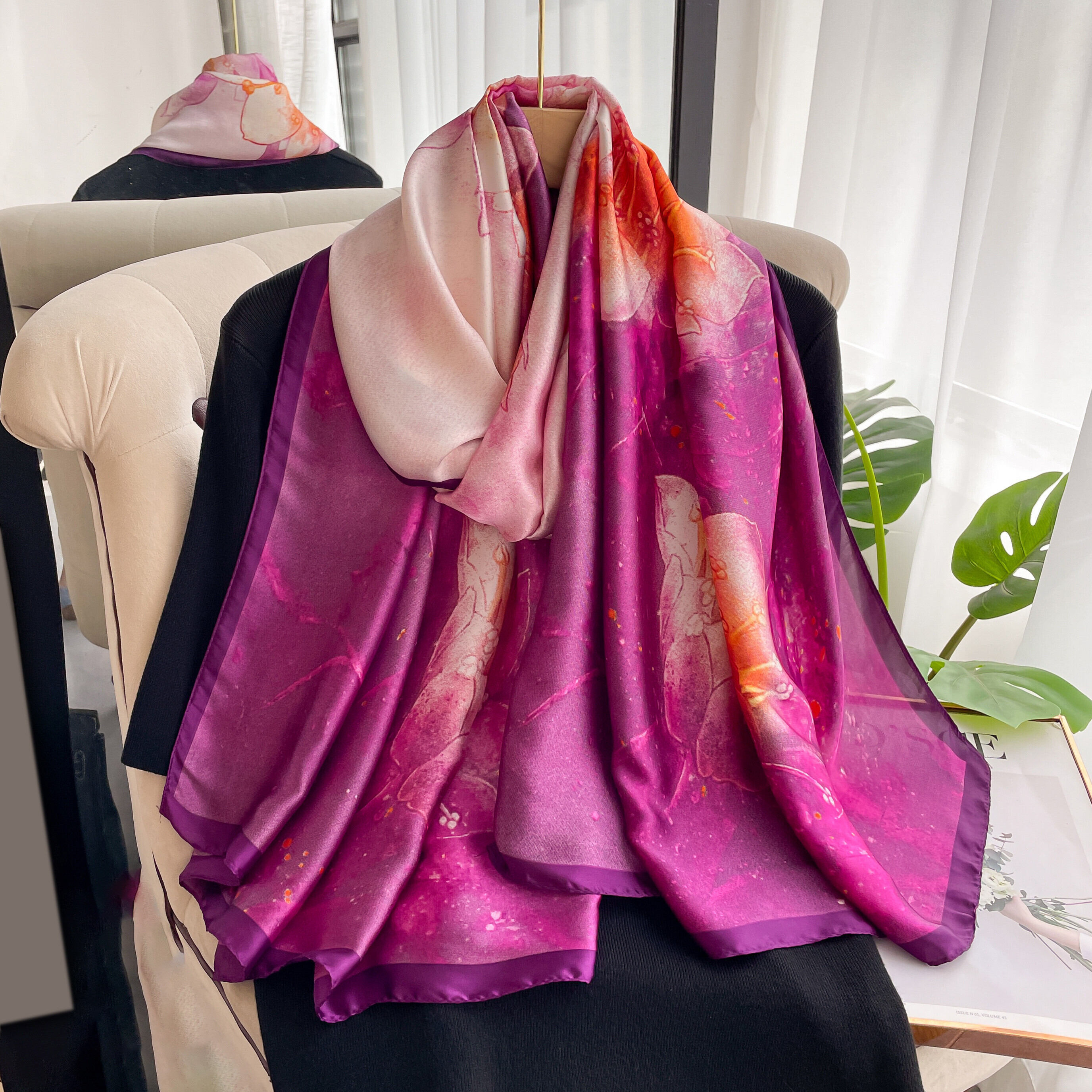 Silk Scarf Female Flower Printed Long Shawl Wrap