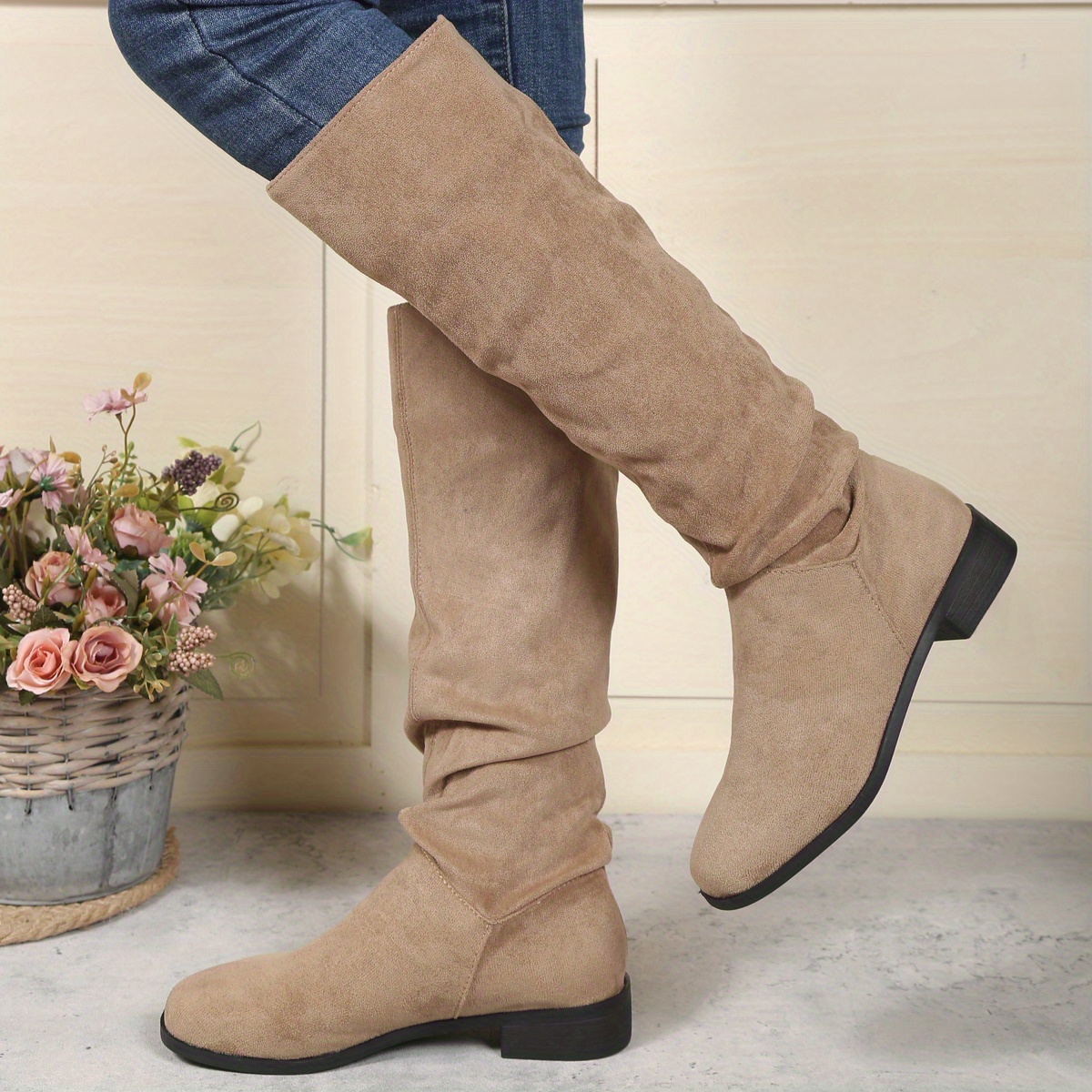 Women's Slouch Knee High Boots, Round Toe Pull On Micro Suede Boots