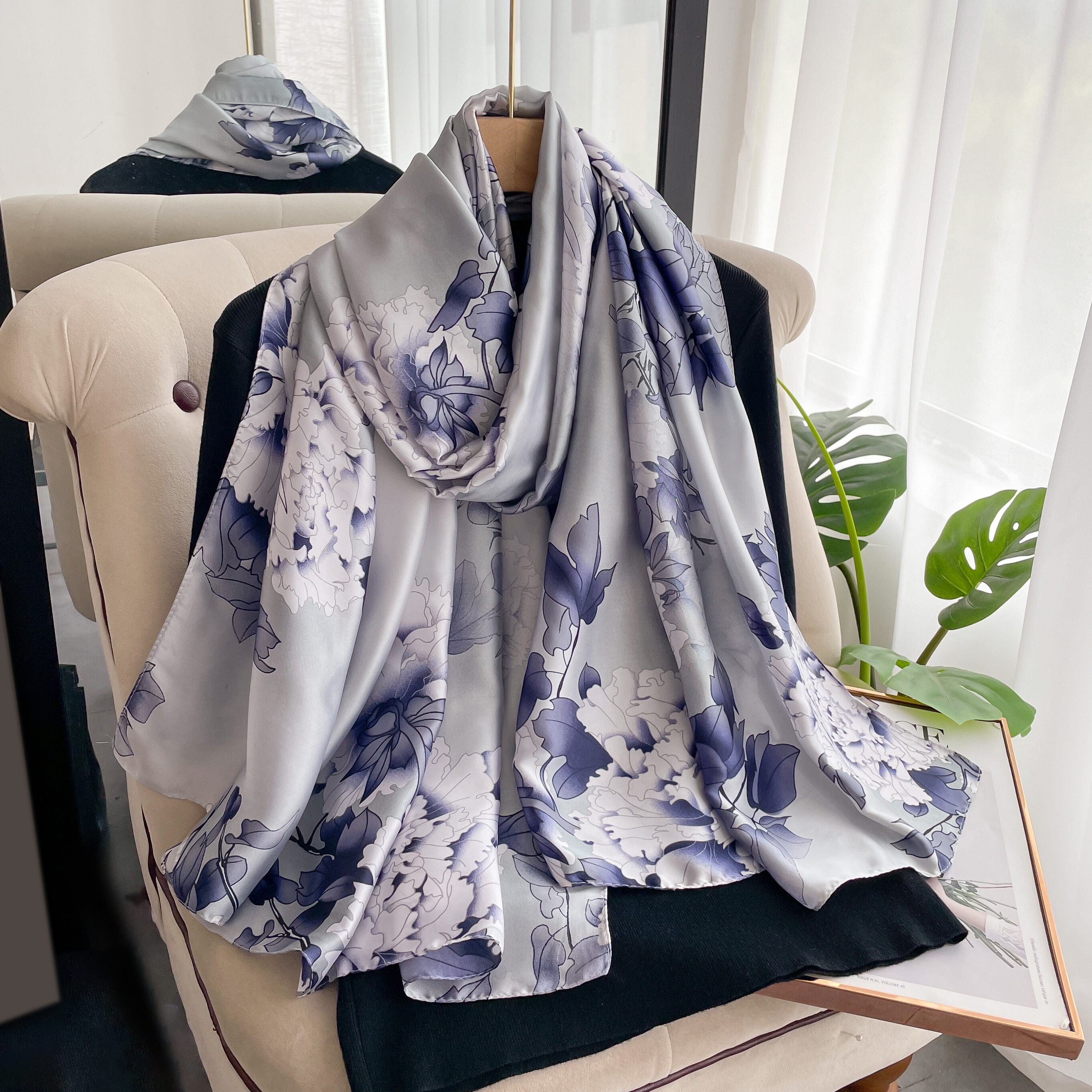 Silk Scarf Female Flower Printed Long Shawl Wrap