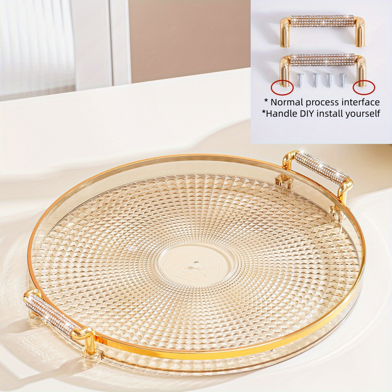 1pc Rhinestone Decor Round Tray With Handle, Champagne Vintage Dessert Tray  For Household