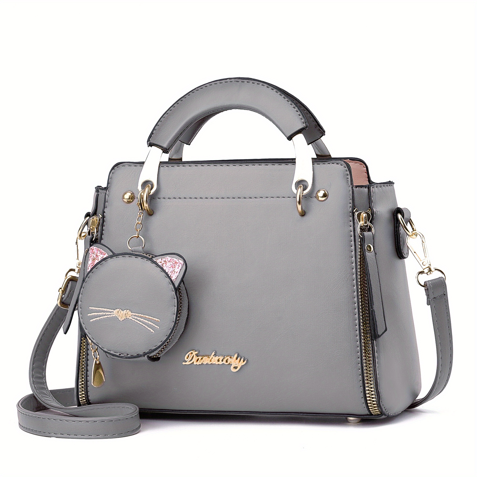 Elegant Letter Detail Handbag, Trendy Double Handle Purse For Work, Women's  Faux Leather Shoulder Bag - Temu