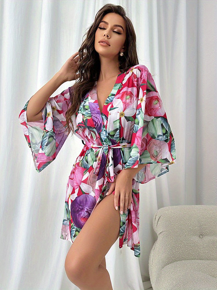 Elegant Floral Print House Robe Wide Sleeve Lounge Robe - Temu Canada