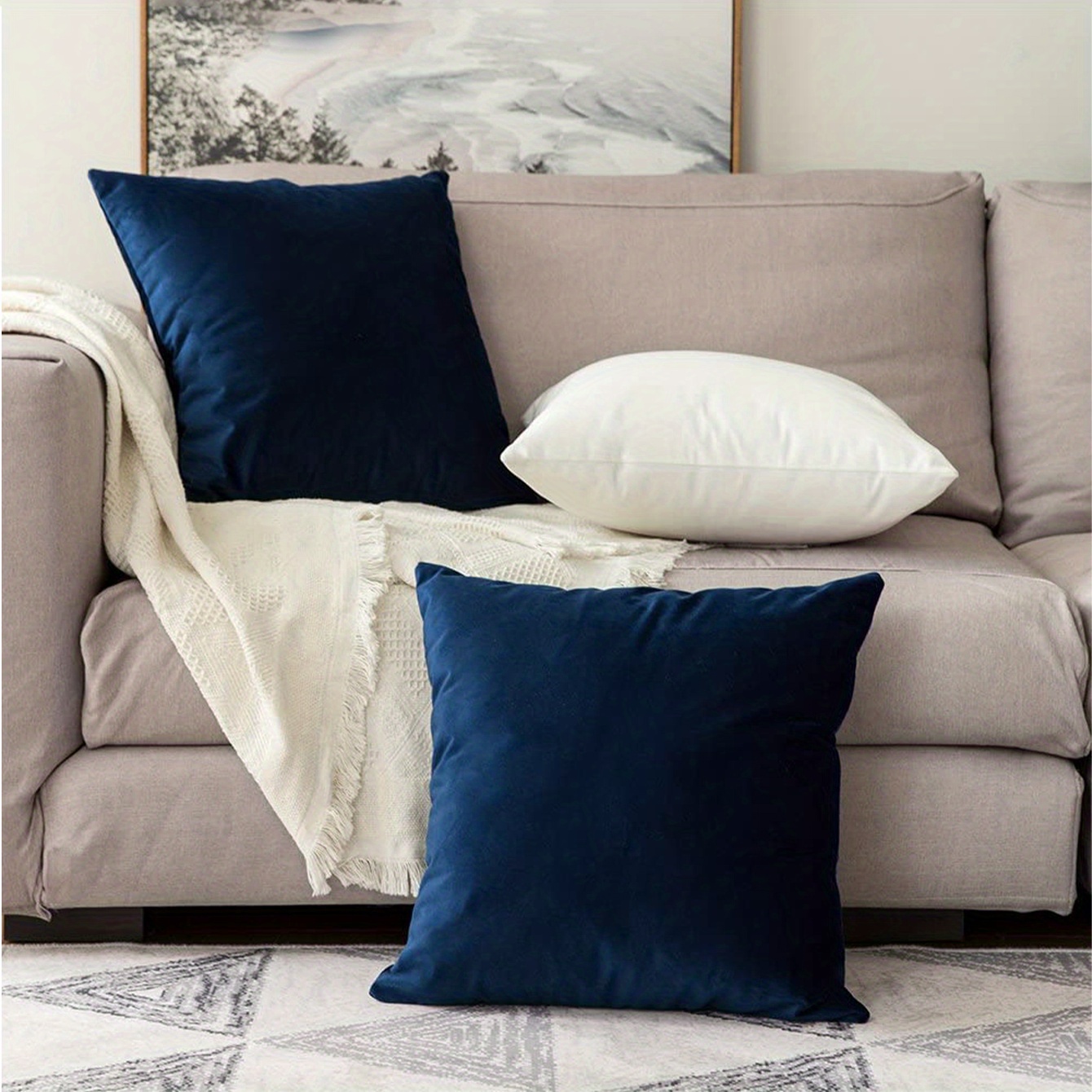 Image of 1pc Luxurious Dark Blue Chenille Throw Pillow Cover - Contemporary Style, Zippered, 100% Polyester, Hand Wash Room Decor